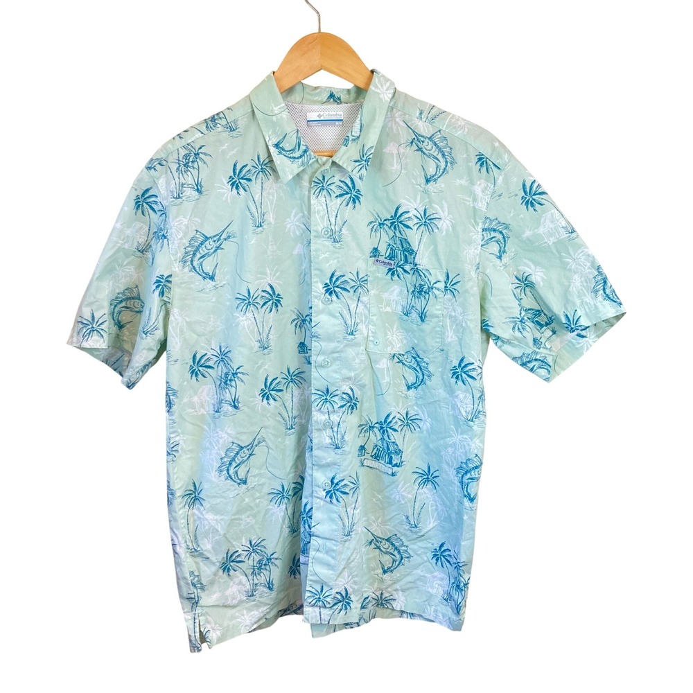 Columbia PFG Shirt Mens M Green Blue Palm Trees Tropical Marlin Fishing All Over